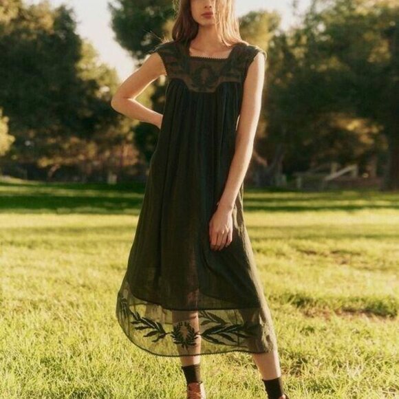 The Great The Dawn Midi Dress Embroidered Mesh Lace Solid Cotton Black S1 274529